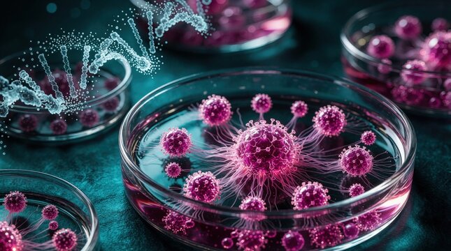 Abstract 3D DNA helix disintegrates into glowing particles over petri dishes. Pink virus cells bacteria grow in liquid inside glass laboratory equipment. Scientific research concept showing molecular