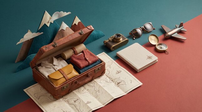 Vintage leather suitcase packed with folded clothing and essential travel accessories displayed alongside a classic camera, compass, notebook, sunglasses, and toy plane on geometric surfaces.