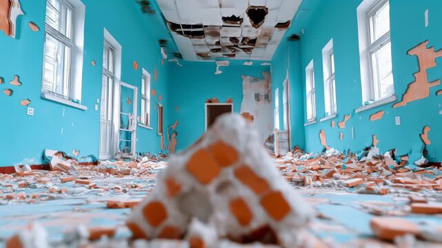 Pile of broken bricks fills an abandoned turquoise room with damaged walls and shattered ceiling