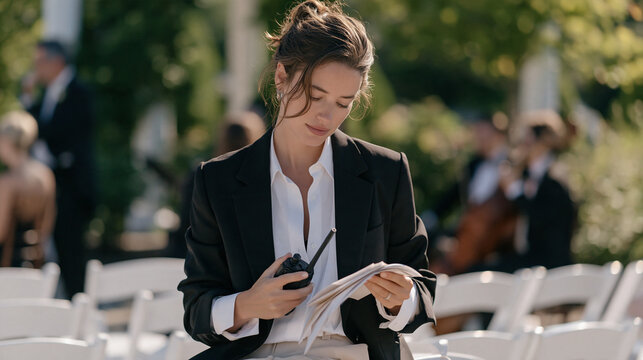Stressed but composed wedding coordinator managing last minute ceremony delays outdoors by calmly communicating with a two way radio while vendors arrange chairs and a string