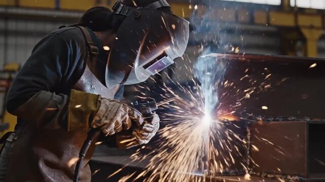 Welder in protective mask cuts metal with bright sparks flying, focused inside industrial workshop. Welder steadies torch with gloved hands, using arc welding in gritty factory light.