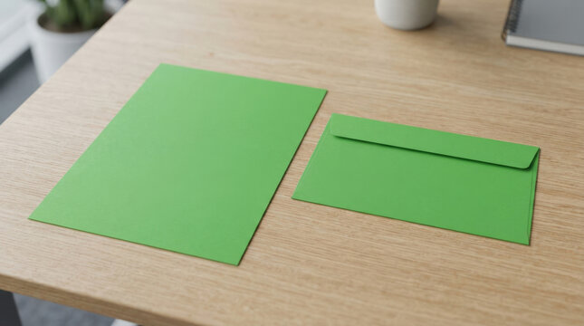 Vibrant green paper sheet beside matching rectangular envelope on wooden table surface for elegant mailing business stationery.