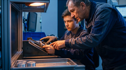 Fototapeta premium Experienced technician guides a new assembly hire