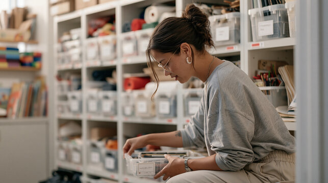 Modular plastic bin shelving in a primary school classroom supply closet holds colored craft supplies, construction paper reams, and art materials in labeled containers, a young