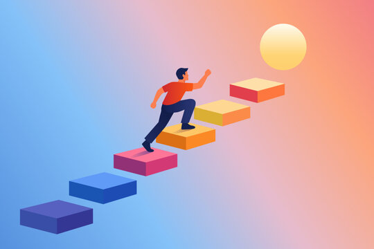 Personal growth concept. Person climbing geometric platforms toward glowing sphere. Minimalist flat illustration
