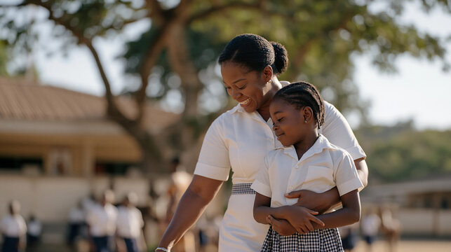 A Ghanaian school headteacher accompanies a nervous transfer student on their first day, walking them slowly around the school grounds introducing classrooms and playmates,