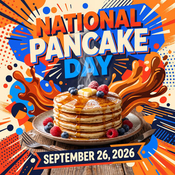 Vibrant and energetic graphic art featuring a stack of pancakes with maple syrup splashes and dynamic abstract shapes for national pancake day promotional media.