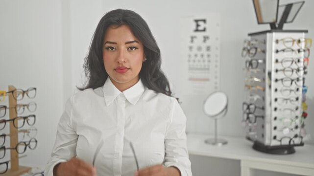 Woman adjusts eyeglasses with both hands, holding frames to face with eye chart and mirror visible in optical building; confidence choice.