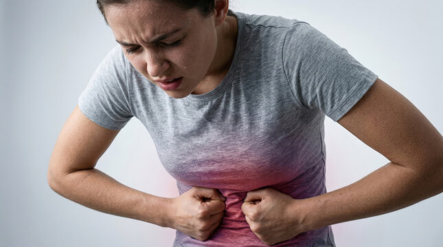Young woman bent over in agony pressing hands against stomach with glowing red area for depicting severe menstrual or food pain.