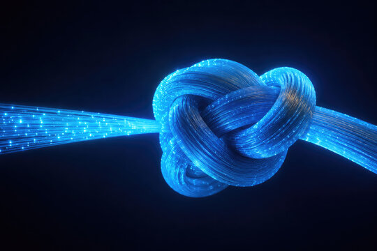 Glowing blue fiber optic cable forms a tight knot. Space for text.