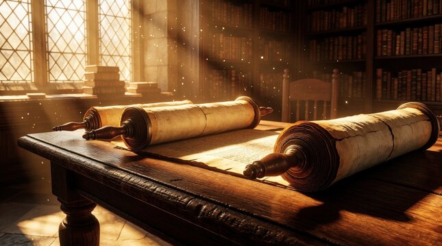 Ancient scrolls rest on a wooden table in a library, sunlight streams through arched windows. Bookshelves line the wall, creating a serene atmosphere for study and reflection.