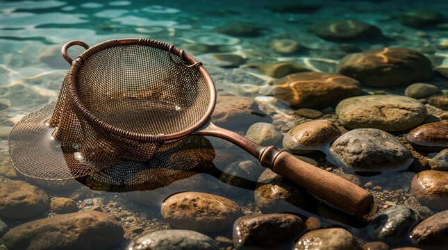 Bronze fishing net rests in clear shallow river water over smooth rocks. Metallic mesh strainer lies on stones in bright sunlight. Calm aquatic scene with copper tool in clean stream showing natural