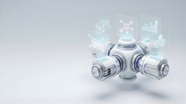 Clean metallic robotic central hub displaying clean holographic data widgets and connectivity icons