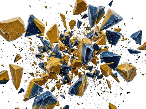 Exploding gold and blue mineral rock fragments isolated on transparent background for dynamic visual impact