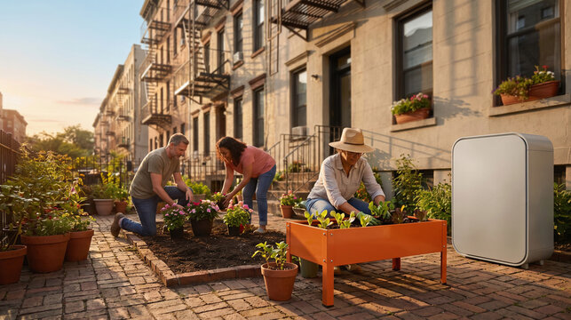 Neighbors cultivate a streetside garden next to shared battery power