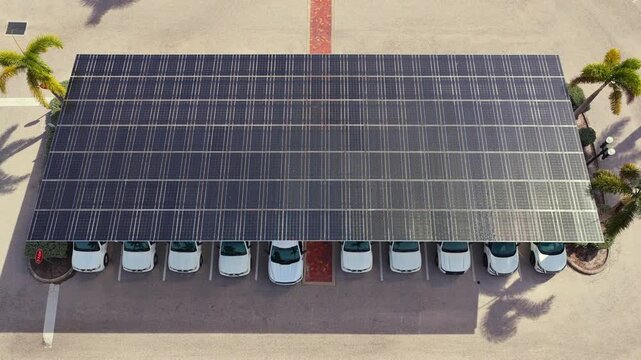 Solar car parking canopy generating renewable electricity for local grid support. Photovoltaic technology integrated seamlessly into urban space.