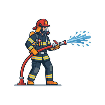 Firefighter Using Hose to Extinguish Fire in Emergency Scene.