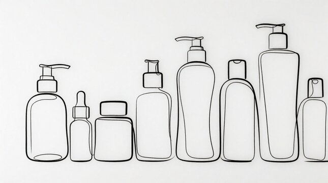 Minimalist line art shows various cosmetic bottles and jars. Simple graphic depicts beauty products, skincare containers, and bath essentials in a clean style.