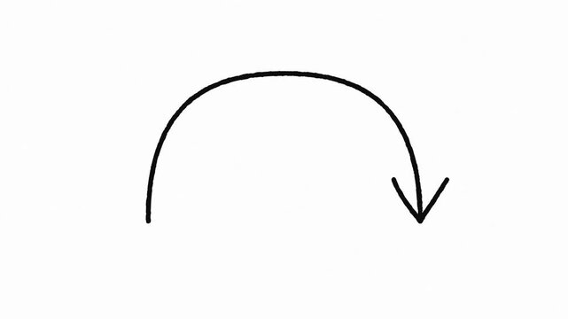 Hand-drawn curved black arrow pointing down on white background