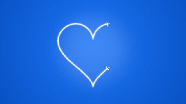 Two airplanes drawing a heart shape with white trails in a clear blue sky.