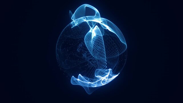 Glowing blue sphere composed of flowing particles and wave meshes