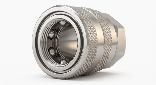 Diver umbilical hose quick-disconnect fitting. Marine-grade 316L stainless steel coupling with knurled sleeve. Subsea breathing apparatus engineering hardware isolated on white background.