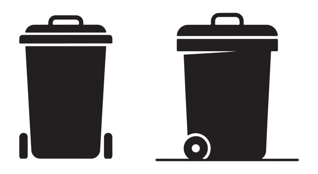 Black trash can with wheels isolated on transparent background for garbage collection and waste recycling.