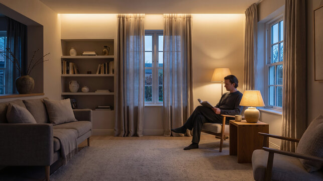 Evening Lounge Scene With Seated Reader and Soft Circadian Glow