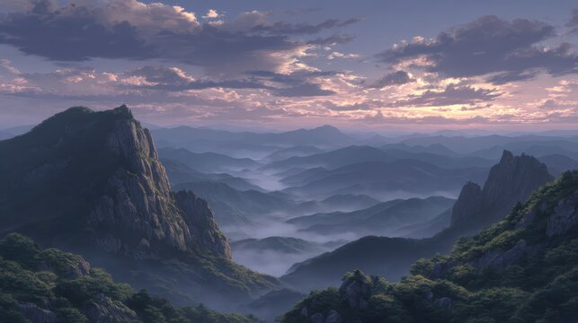 A breathtaking mountain vista shows endless rolling hills and peaks shrouded in mist under a soft purple and pink sky at dusk