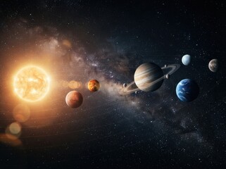 Artistic representation of the solar system with planets orbiting the sun in deep space © KIBRIA