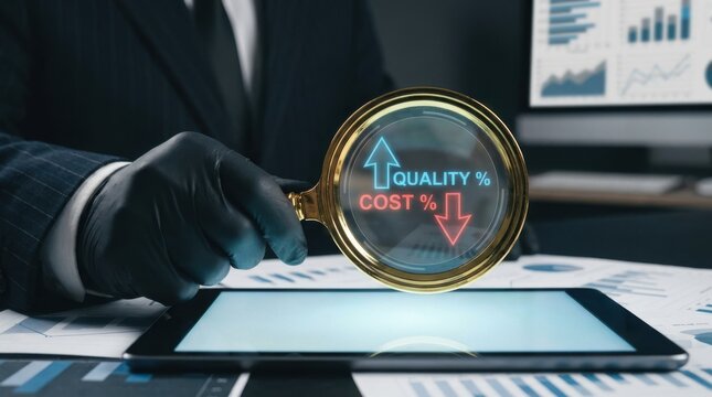 Businessman using a magnifying glass to analyze quality improvement and cost reduction strategies on a tablet