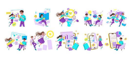 Fototapeta premium Business people using smartphones for online marketing set