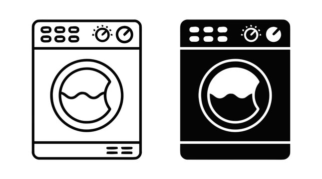Vector illustration of washing machine icons set, outline and solid style on a transparent background