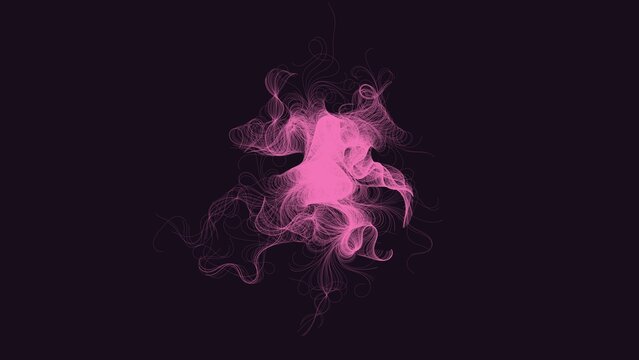 Abstract digital showing a central cluster of swirling pink light filaments and thin glowing lines on a solid dark charcoal gray background