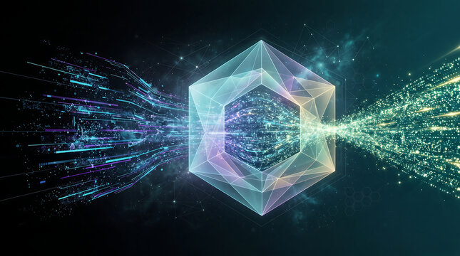 A glowing iridescent icosahedron emitting digital particles and light rays representing dynamic data streams and information processing in an abstract space