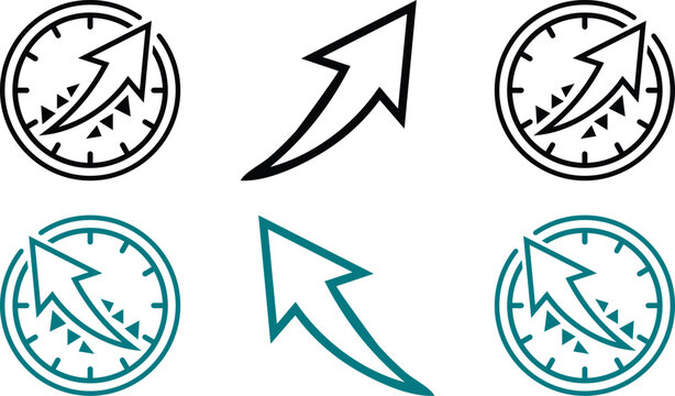 Vector icons set of clock dials with upward growth trends and sweeping arrows isolated on white for time management and business productivity concepts.
