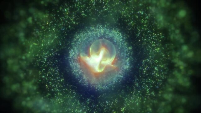 Glowing central energy core surrounded by swirling green particles and cosmic dust