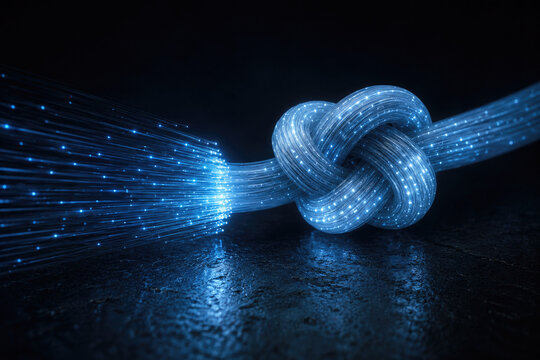 Glowing fiber optic strands form a tight knot. Space for text.