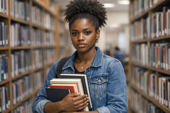 A young woman in a library, surrounded by books and holding several more, expressing a love for reading and learning.