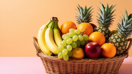 Obraz premium Woven basket overflows with ripe bananas, juicy grapes, bright oranges, and tropical pineapples. A vibrant mix of fresh fruit provides natural sweetness and healthy nourishment for any meal.