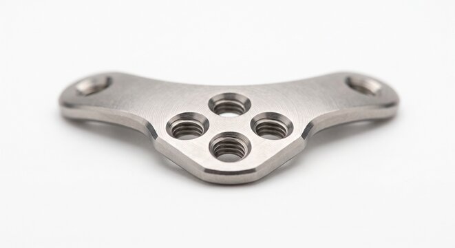 Veterinary TPLO bone plate, implant-grade titanium surgical hardware for tibial plateau leveling osteotomy. Precision orthopedic implant isolated on white background.