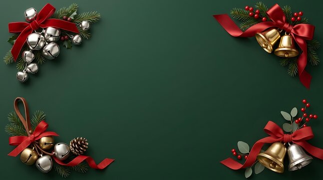 Four corner christmas frame with metallic bells and red velvet ribbons on solid green surface.
