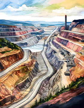 Illustration of a vast open pit mine at sunset