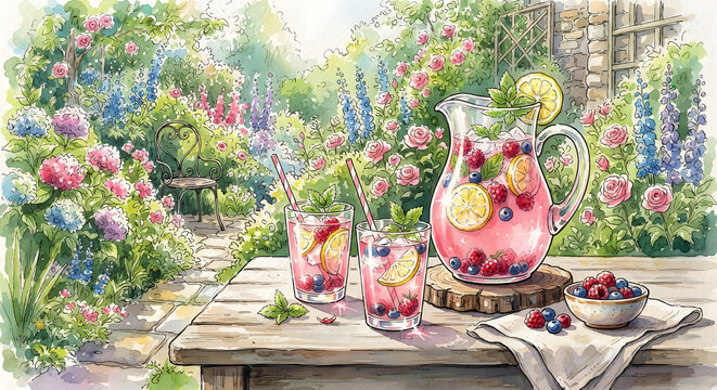 Fresh Mixed Berry and Lemonade Picnic in a Summer Garden