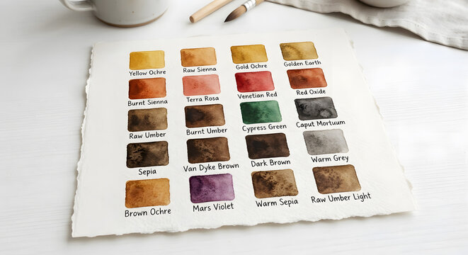 Watercolor swatches grid on paper with paintbrushes on white wooden table