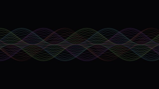 Intersecting rainbow colored sine waves on a black background, rhythmic linear patterns, glowing digital sound waves, abstract line