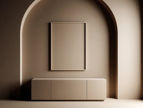 Minimalist beige interior features arched wall, empty picture frame above cabinet. Modern room provides clean lines and neutral tones for decor concepts.