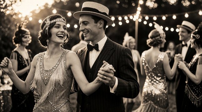 Couple dances at an outdoor 1920s party. Guests in vintage flapper dresses and suits celebrate with music and string lights. Joyful retro romance and festive atmosphere.