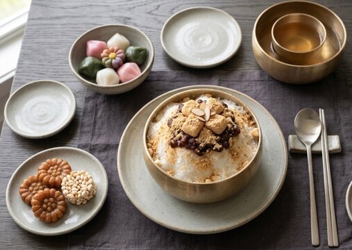Top view of modern Korean dessert set with shaved ice bingsu, colorful rice cakes tteok, and traditional tea