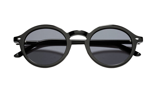 Isolated classic black round frame sunglasses with dark grey lenses, stylish summer accessory